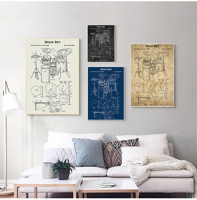 Musical Instrument Painting - Instrumen Musik Cetak Paten Poster Antik